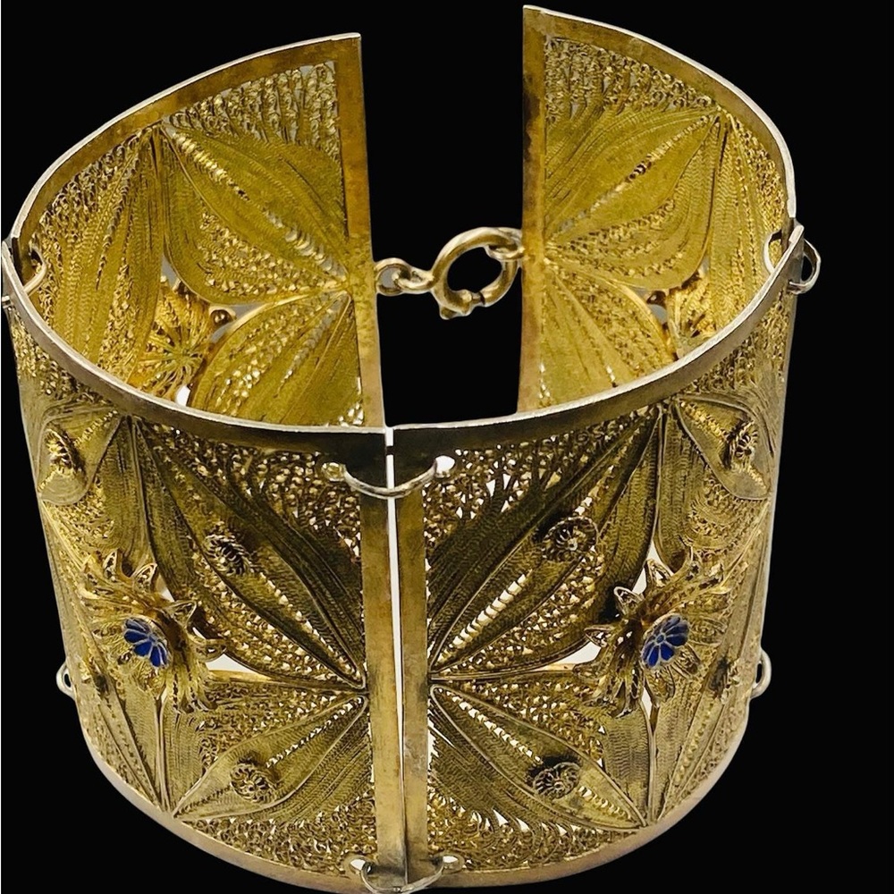 Art Deco Portuguese Gilt Filigree and Enamel  Flower Bracelet